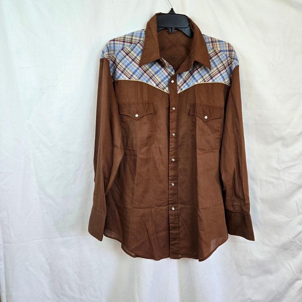 Sears Men's Brown Blue Plaid Shoulder Western Pearl Snap Long Sleeve Shirt Large